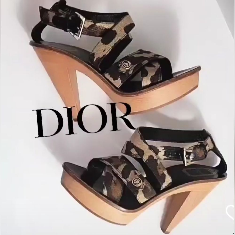 Christian Dior Camouflage Print Wooden Platform  Heel Ankle Strap Heels